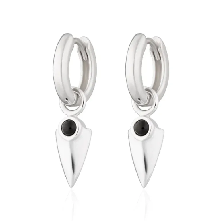 Black Onyx Shield Hoop Earrings - Silver