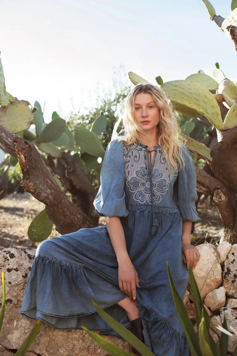 Embroidered Denim Dress - Indigo