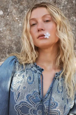 Embroidered Denim Dress - Indigo