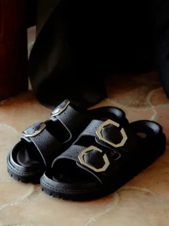 Galia Embossed Leather Sandal - Black
