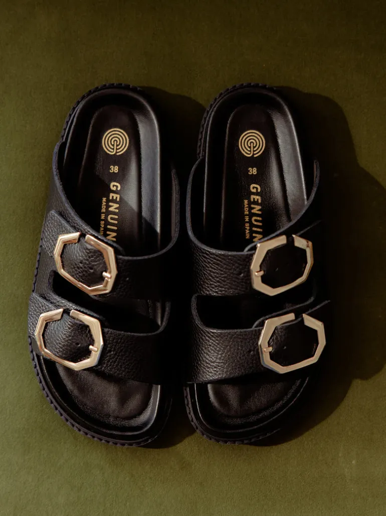 Galia Embossed Leather Sandal - Black