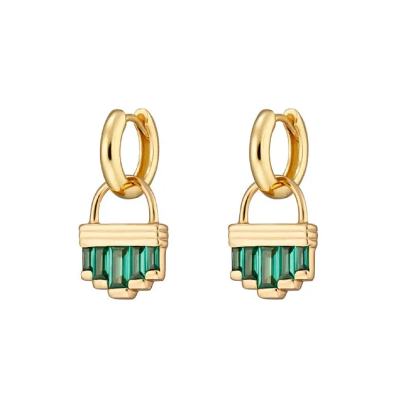 Green Cleopatra Hoop Earrings - Pair - Gold