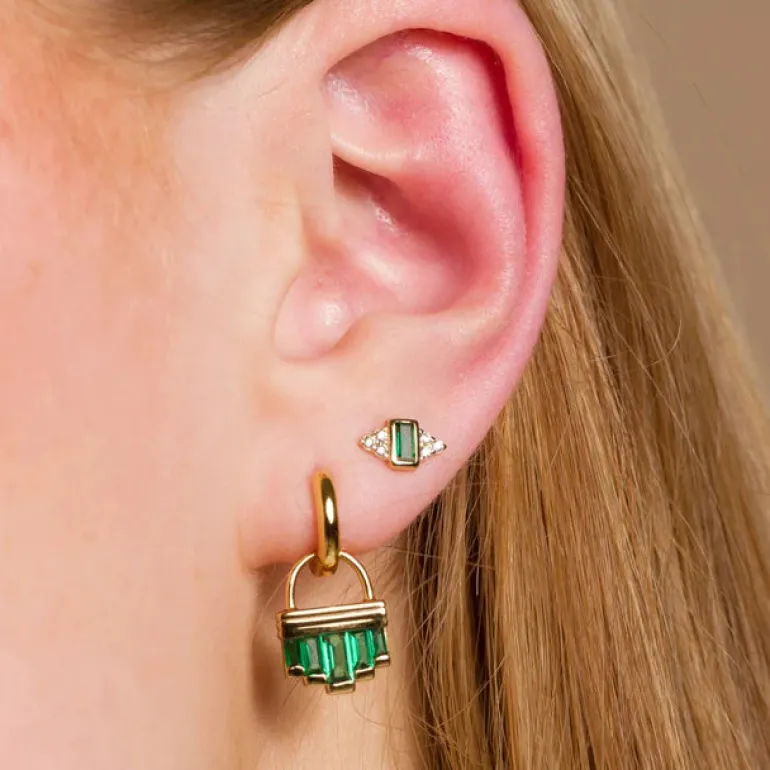 Green Cleopatra Hoop Earrings - Pair - Gold