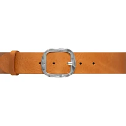 Jeans Belt with Patterned Buckle - Cognac