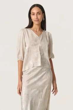 Kitty Blouse SS - Ancient Scroll metallic print
