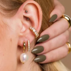 Large Pearl Huggie Hoop Earrings - Gold