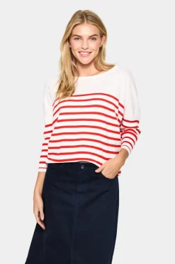 Mila R-neck St. Pullover - Ice and f. scarlet stripe