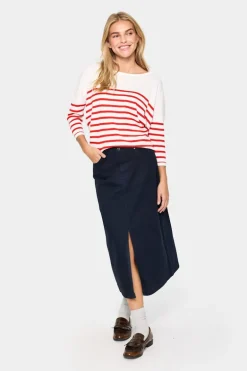 Mila R-neck St. Pullover - Ice and f. scarlet stripe