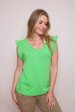Mina Frill Sleeve Cotton Tee - Neon Green