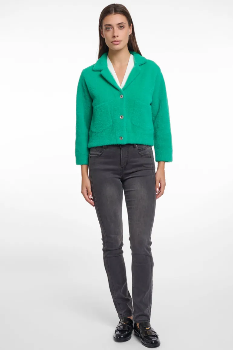 Norah Short Cardigan With Lapel Collar - Clover Green