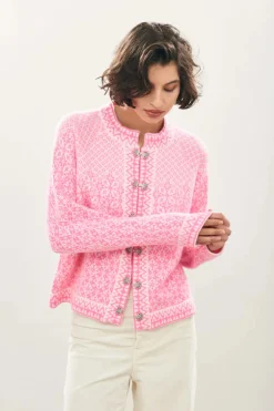 Norse Cardigan - White / Neon Pink