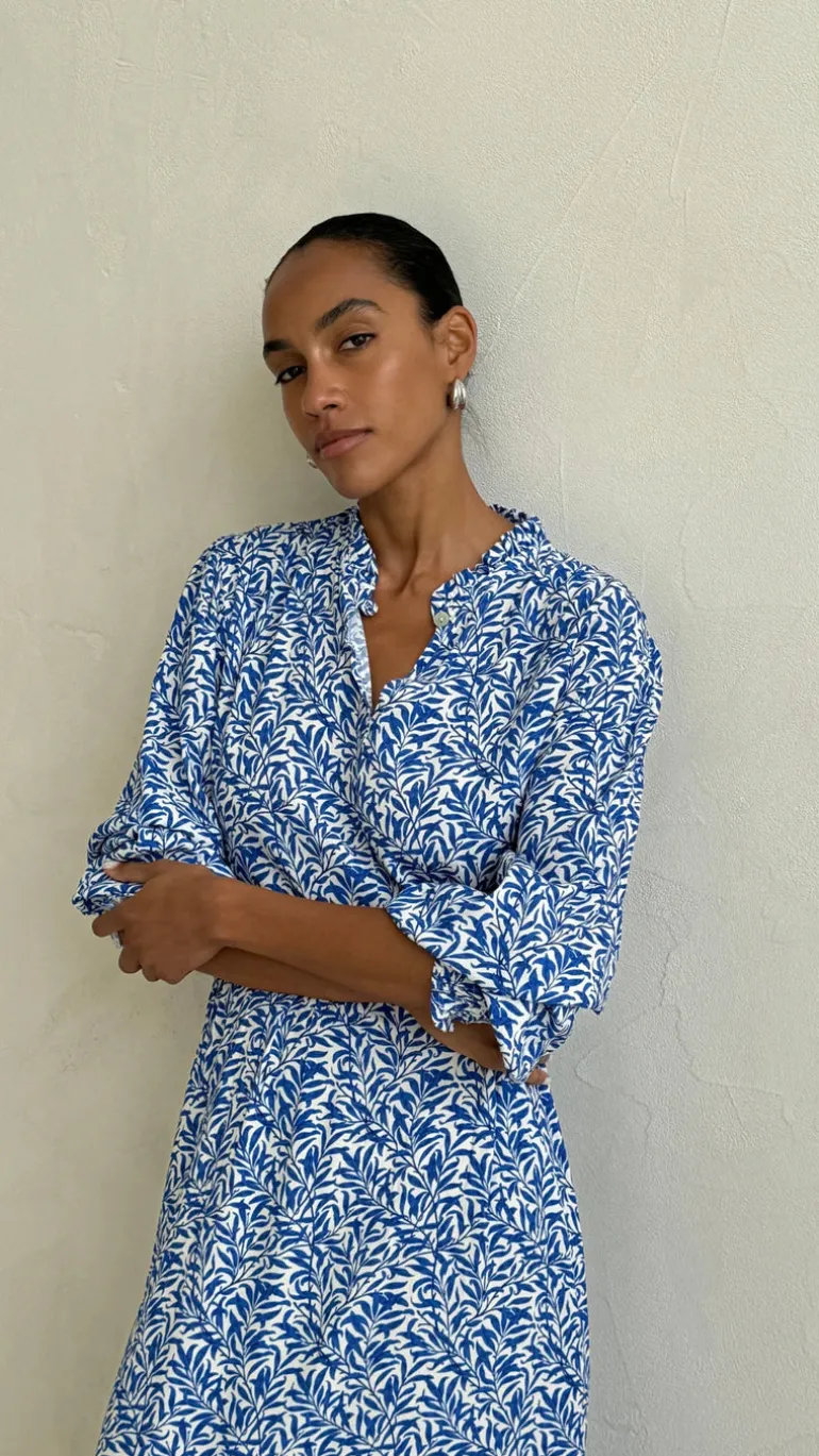 Olivia Dress - Blue Leaf Print