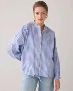 Pinstripe Shirt With Drawstring Hem - Powder Blue