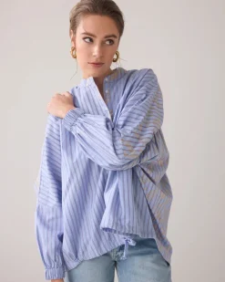 Pinstripe Shirt With Drawstring Hem - Powder Blue