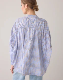 Pinstripe Shirt With Drawstring Hem - Powder Blue