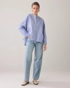 Pinstripe Shirt With Drawstring Hem - Powder Blue