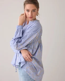 Pinstripe Shirt With Drawstring Hem - Powder Blue