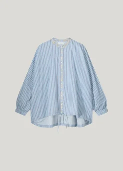 Pinstripe Shirt With Drawstring Hem - Powder Blue