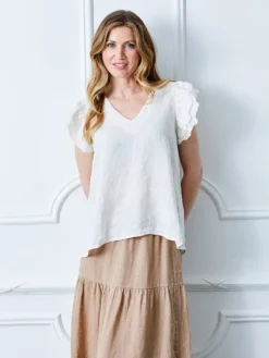 Santiago V Neck Linen Tee - White