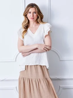 Santiago V Neck Linen Tee - White