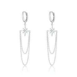 Starburst Chain Drop Hoop Earrings - Silver