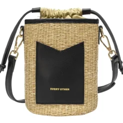 Straw Drawstring Bucket Bag - Black
