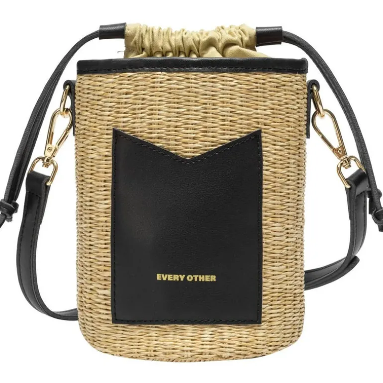 Straw Drawstring Bucket Bag - Black