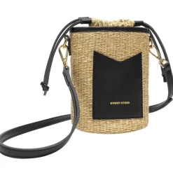 Straw Drawstring Bucket Bag - Black