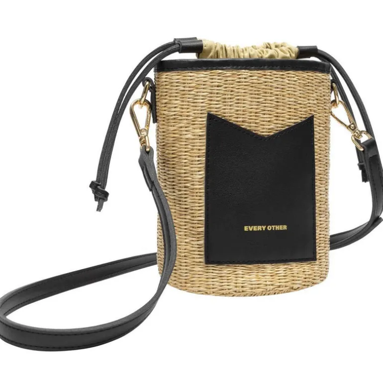 Straw Drawstring Bucket Bag - Black