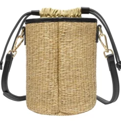 Straw Drawstring Bucket Bag - Black