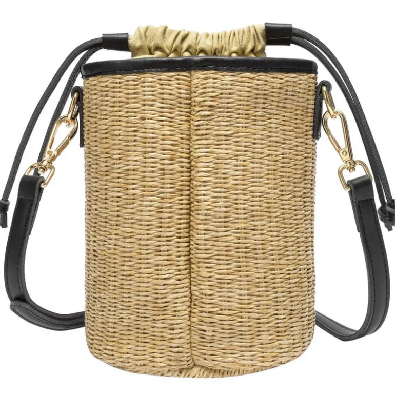 Straw Drawstring Bucket Bag - Black