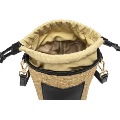 Straw Drawstring Bucket Bag - Black