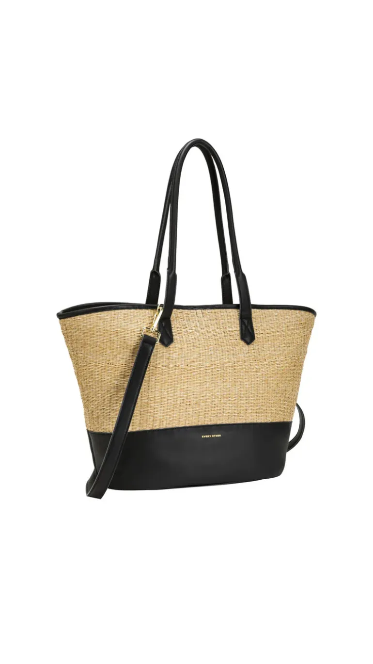 Straw Large Shoulder Bag - Black