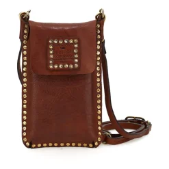 Studded Washed Leather Phone Case - Cognac